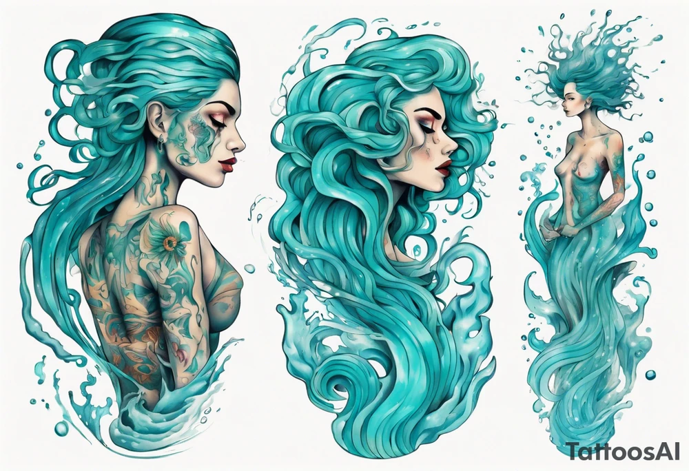 a tall woman made of water with turquoise hair surrounded by waves tattoo idea