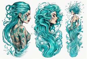 a tall woman made of water with turquoise hair surrounded by waves tattoo idea