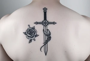 Cross sword on arm darkened in with roses pearls and a small phoenix rising from the ashes feminine tattoo idea