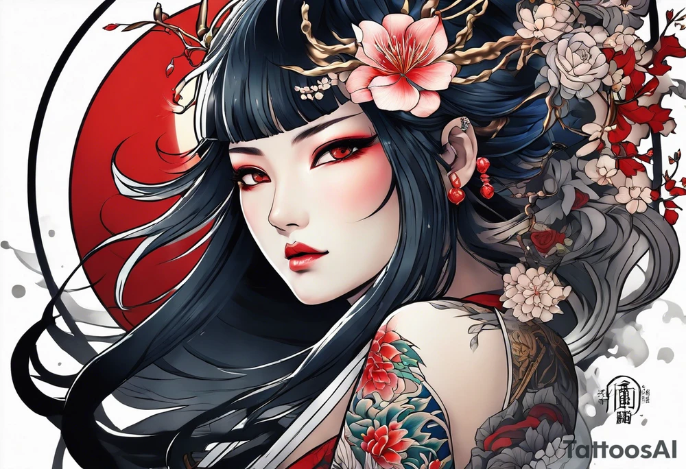 A sleeve of Izanami-no-mikoto half dead half living in the underworld tattoo idea