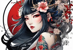 A sleeve of Izanami-no-mikoto half dead half living in the underworld tattoo idea