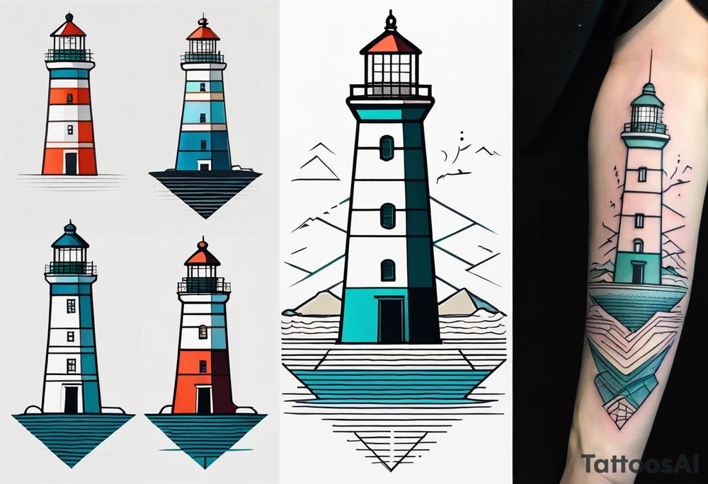 lighthouse in fine line and a bit geometric, colored. also the sea close to the lighthouse tattoo idea