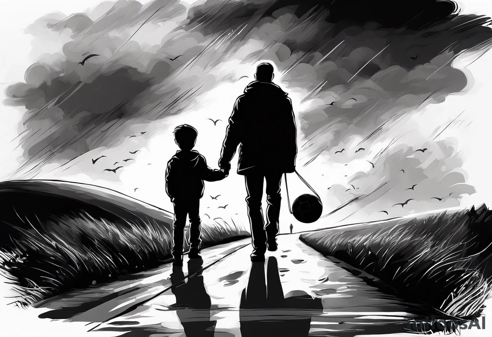 the following text: Come take my hand
We walk this road together 
through the storm
Whatever weather 
cold or warm
you're not alone
we're on the same road

plus a father and son picture with a football walking on a way 

plus a baby hand hold by an adult hand tattoo idea