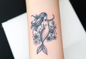 ethereal mermaid with flowing hair among coral and sea flowers tattoo idea
