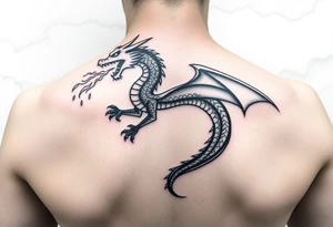 fierce dragon breathing iridescent fire against stormy skies tattoo idea