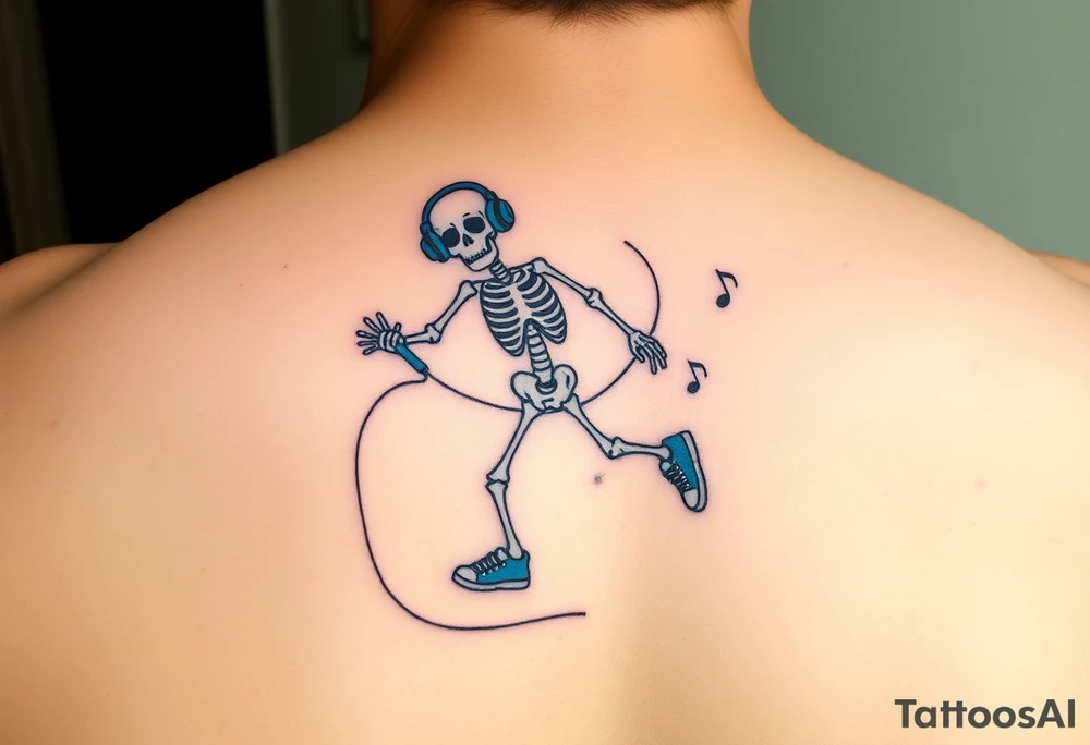 Minimalist funny looking skeleton skipping on a jumping rope with blue headphone blue tennis shoes blue arm bands and music notes colorful tattoo idea