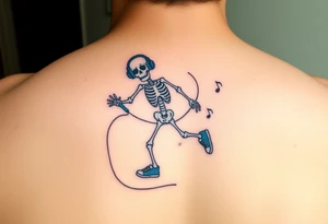 Minimalist funny looking skeleton skipping on a jumping rope with blue headphone blue tennis shoes blue arm bands and music notes colorful tattoo idea