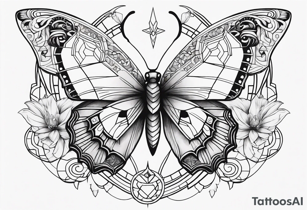 Feminine Capricorn tattoo with geometric designs and butterflies tattoo idea