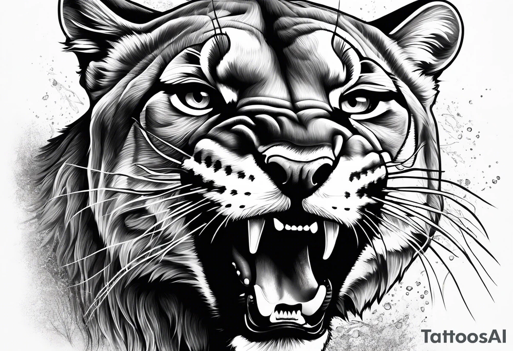 roaring mountain lion head, wilderness background tattoo idea roaring mountain lion head, wilderness background tattoo idea
