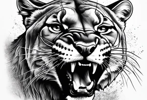 roaring mountain lion head, wilderness background tattoo idea