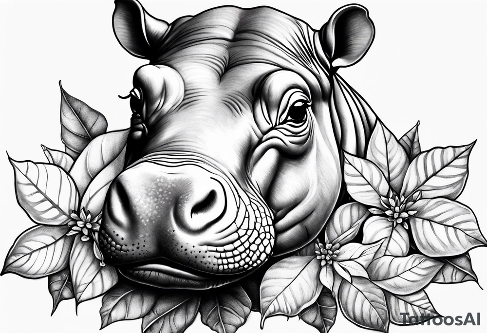 Baby hippo with poinsettia tattoo idea