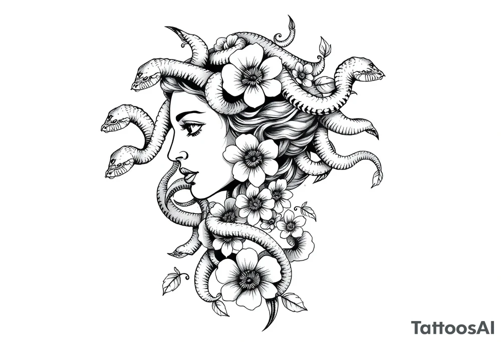 Side portrait of Medusa with snake heads, flowers tattoo idea