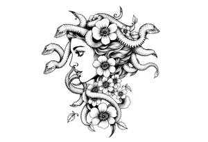 Side portrait of Medusa with snake heads, flowers tattoo idea