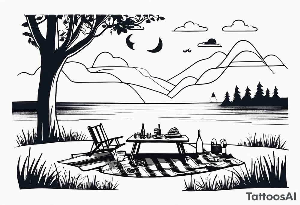 picnic scene by two trees on a with a sheckers blanket, basket, pillows and party pennants. Thin lines. tattoo idea