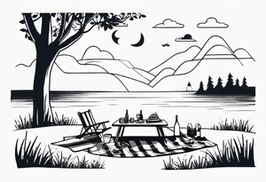 picnic scene by two trees on a with a sheckers blanket, basket, pillows and party pennants. Thin lines. tattoo idea