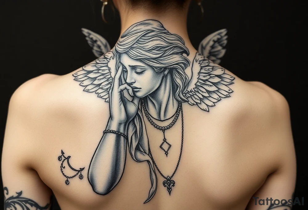 Create a statue of some angel, ruined with criminal corruption, tattoos, jewelry, gold necklaces. I would like this to be placed on the left arm. tattoo idea