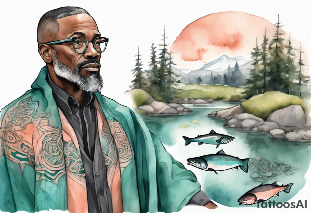 a 50-year-old black man wearing salmon and teal cloak and round glasses standing by a pond with a salmon in it tattoo idea