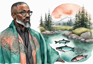 a 50-year-old black man wearing salmon and teal cloak and round glasses standing by a pond with a salmon in it tattoo idea