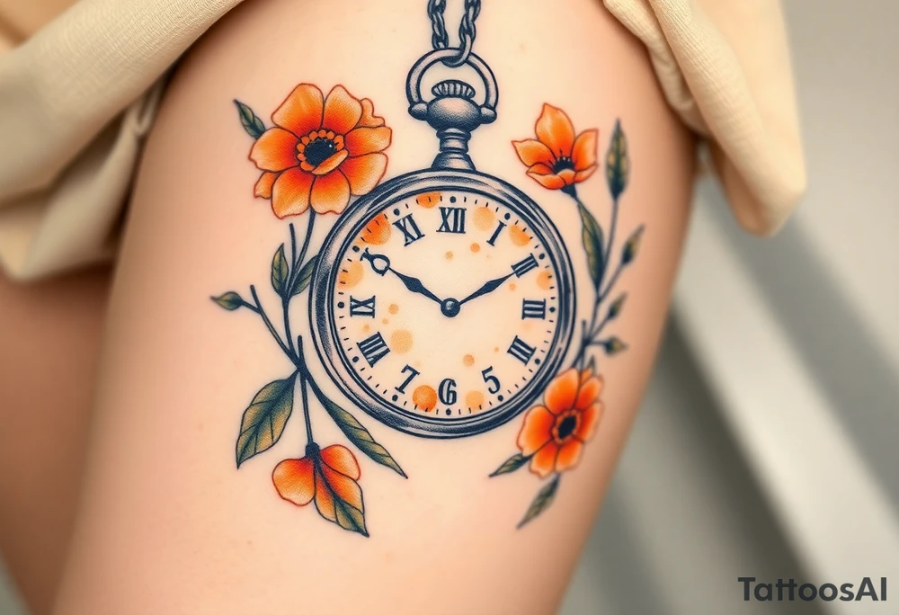 Beautiful pocket watch surrounded by orange marigolds tattoo idea