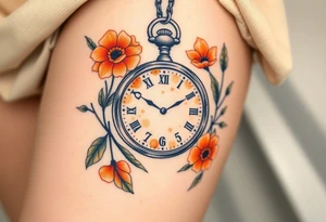 Beautiful pocket watch surrounded by orange marigolds tattoo idea