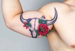Buffalo or bison skull with flowers. Red Peony, snowdrop, green holly with red berries, purple larkspur,  red peony. Colour. For upper arm or shoulder. Masculin. tattoo idea