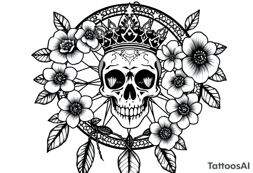 Mandala dream catcher with detailed beautiful gothic boho flowers on vine and skull with gorgeous crown tattoo idea