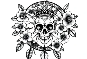 Mandala dream catcher with detailed beautiful gothic boho flowers on vine and skull with gorgeous crown tattoo idea