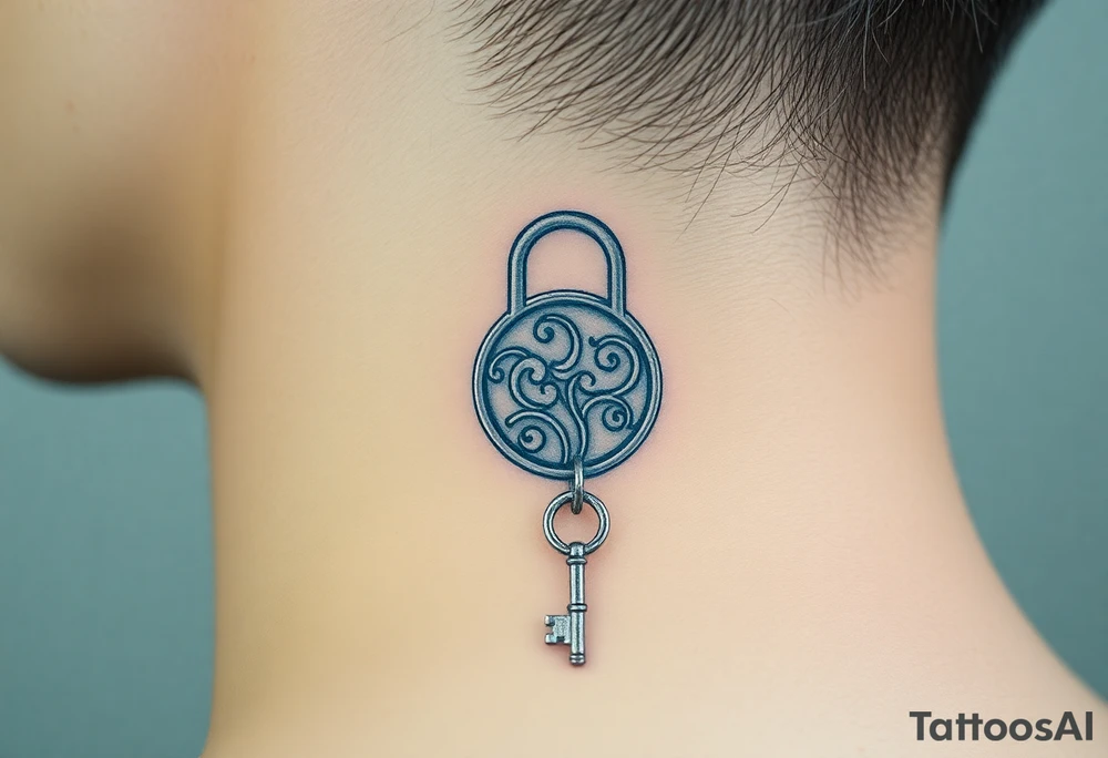 An open silver lock with swirling floral engravings, with a matching silver key hanging from a delicate chain tattoo idea