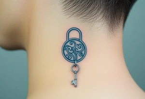 An open silver lock with swirling floral engravings, with a matching silver key hanging from a delicate chain tattoo idea