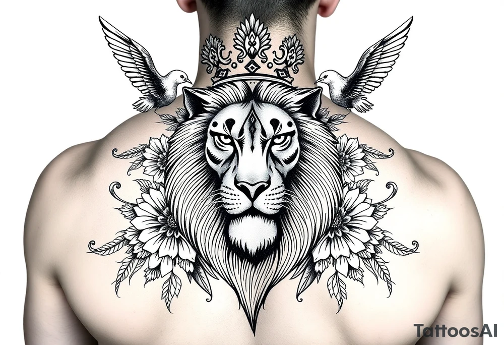 powerful majestic lion with a crown, surrounded by floral ornaments and birds tattoo idea