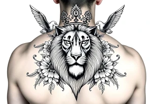 powerful majestic lion with a crown, surrounded by floral ornaments and birds tattoo idea