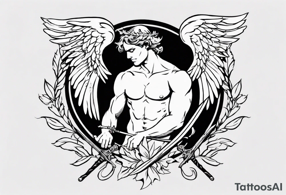 number 13, a laurel leaf wreath, and a Male angel holding sword tattoo idea