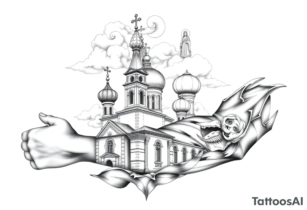 Russian Orthodox church with orthodox spire crosses, with clouds above it and a virgin mary seperately over looking sat above tattoo idea