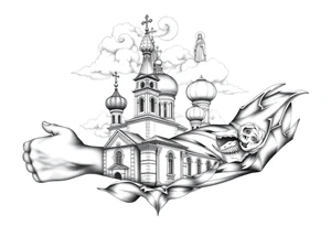 Russian Orthodox church with orthodox spire crosses, with clouds above it and a virgin mary seperately over looking sat above tattoo idea
