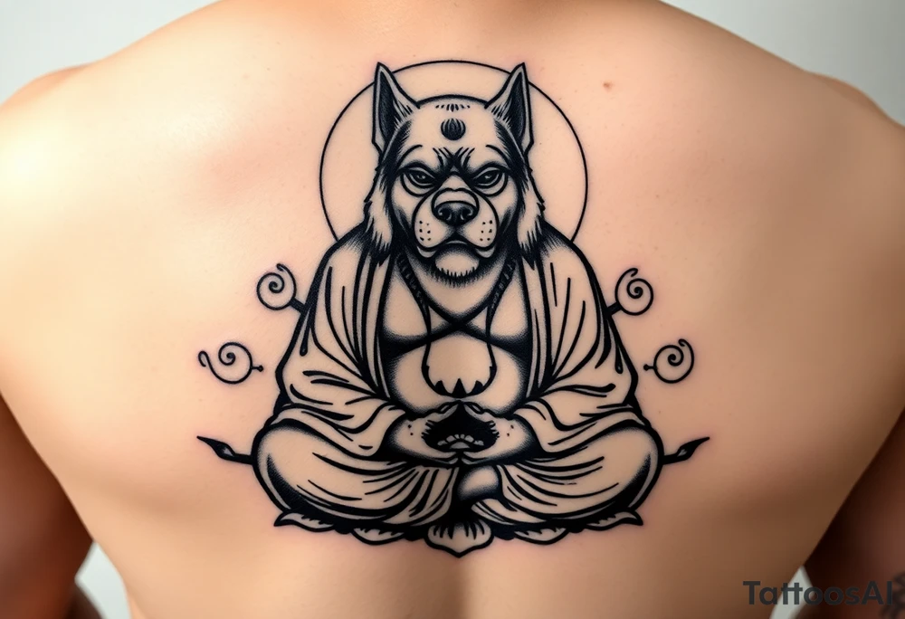 Meditating fat Buddha with dog head tattoo idea