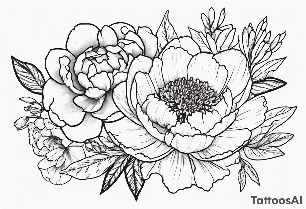 cohesive tattoo design with 8 flowers: peony, carnation, daffodil, daphne, dahlia, desiree, daisy and rose and label the flower name tattoo idea