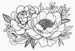 cohesive tattoo design with 8 flowers: peony, carnation, daffodil, daphne, dahlia, desiree, daisy and rose and label the flower name tattoo idea