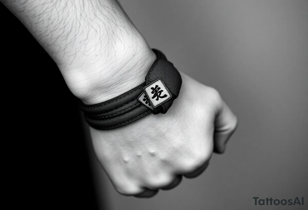 A realistic black and gray tattoo of a Brazilian Jiu-Jitsu black belt wrapping around the wrist like a bracelet. The belt is tied in a knot with one end showing the number 30 and the other showing 24. On the flat end of the belt, two Japanese kanji characters are inked in white: 成長 (growth) and 忍耐 (perseverance). The belt has subtle stitch marks and worn, textured shading for a slightly distressed, authentic look. tattoo idea