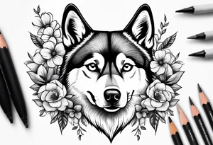 Husky ears with flowers tattoo idea