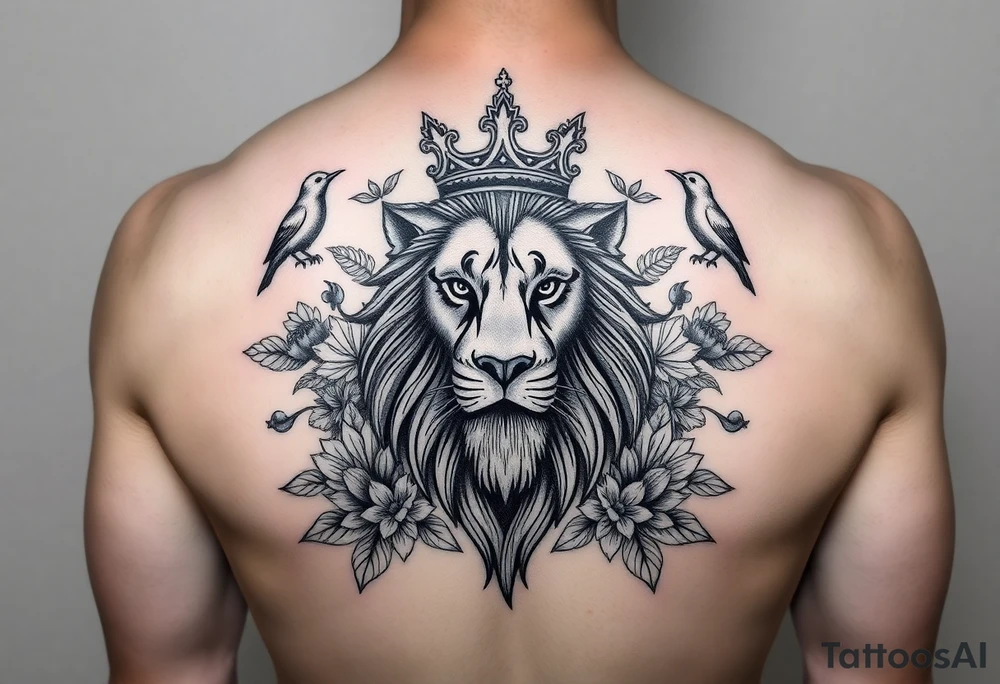 powerful majestic lion with a crown, surrounded by floral ornaments and birds tattoo idea