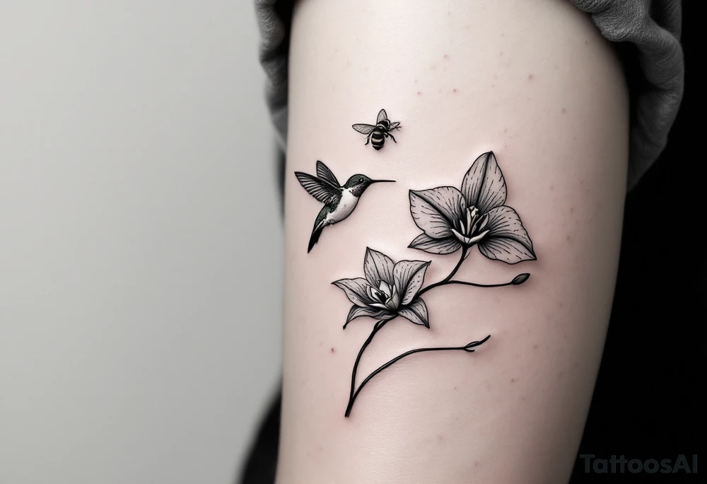 A delicate, black and white fine-line tattoo for male, featuring gracefully detailed 2 orchids in full bloom including their stems, with soft, intricate petals and elegant curves. Beside it, a hummingbird hovers mid-flight, its wings drawn with subtle motion lines, its slender beak reaching toward the orchid’s center to drink its nectar. on the other flower there is a bee that is resting tattoo idea