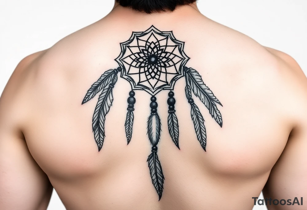 native dreamcatcher with flowing feathers and sacred beads tattoo idea