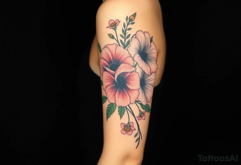 Fore arm tattoo in the neo american traditional style. I want to incorporate a few different flowers: Poppies, Morning Glory, Narcissus with green leaves in the background tattoo idea