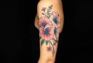 Fore arm tattoo in the neo american traditional style. I want to incorporate a few different flowers: Poppies, Morning Glory, Narcissus with green leaves in the background tattoo idea