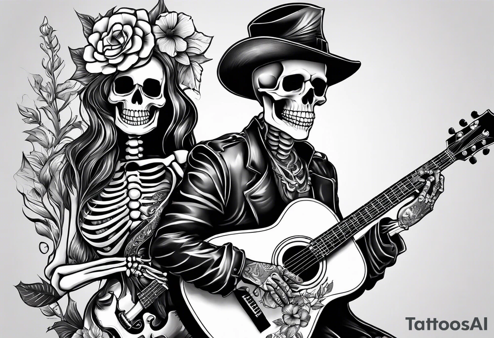 a male and a female skeleton. The male skeleton is playing the guitar. The female skeleton has a hibiscus flower. tattoo idea