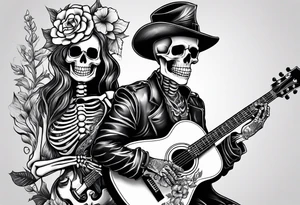 a male and a female skeleton. The male skeleton is playing the guitar. The female skeleton has a hibiscus flower. tattoo idea