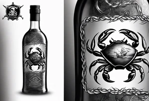 A message in a bottle with pirate map inside and a crab protecting the bottle. The bottle is old and has a cork. perhaps cracked a little. String tied around the top. 3D with background shading. tattoo idea