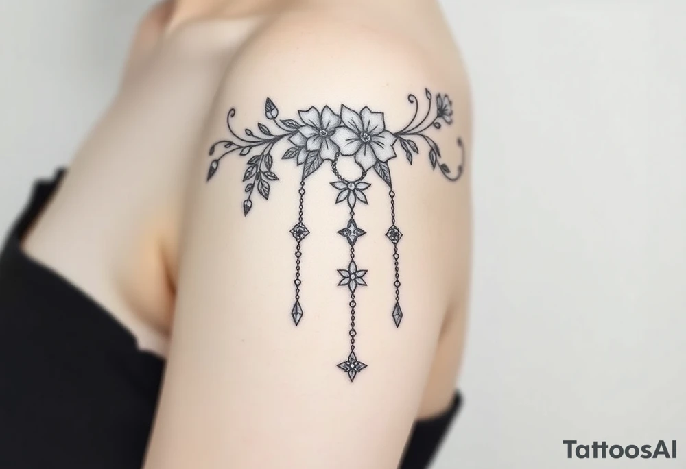 Vintage floral lace and delicate jewelry inspired with swooping draping chains like a chandelier and 5 pointed crystal star charms. Make it cover the entire upper arm/shoulder please tattoo idea