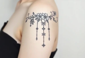 Vintage floral lace and delicate jewelry inspired with swooping draping chains like a chandelier and 5 pointed crystal star charms. Make it cover the entire upper arm/shoulder please tattoo idea