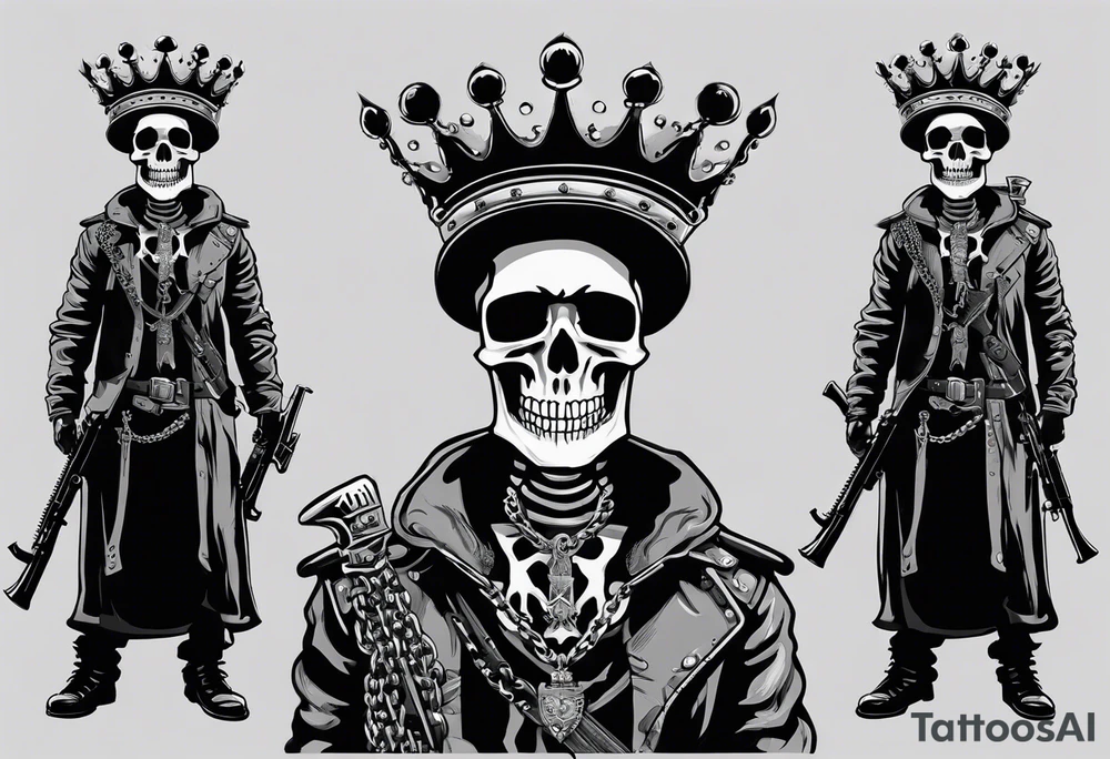 image of a skeleton standing frontally with a crown on his head, holding an AK-47 on his shoulder with his right hand. The chain on the left should be taut, there are three angry barking Dobermans in it, near the waist tattoo idea